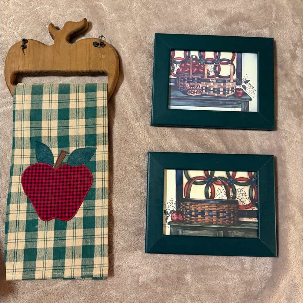 Plaid Towel with Apple Design and Framed Basket Prints